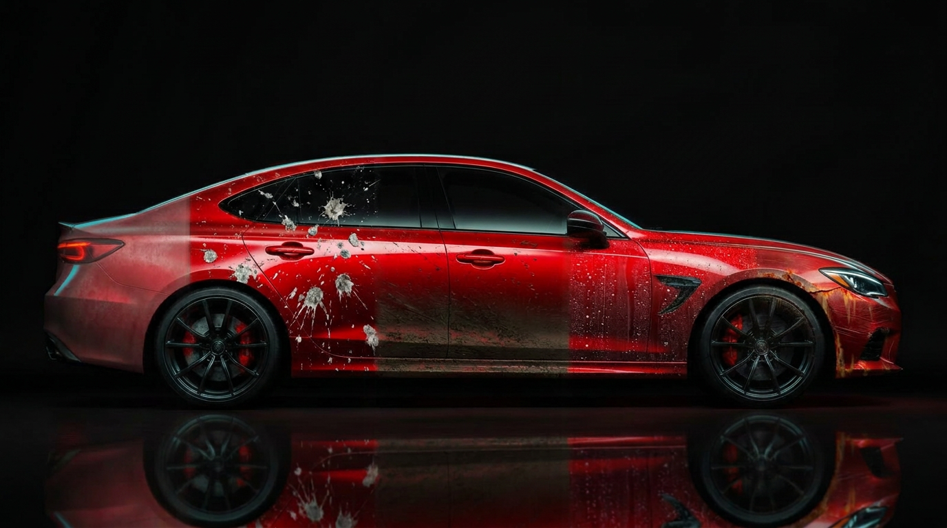 Red car split into zones showing UV fading, bird droppings, road grime, water spots, and scratches