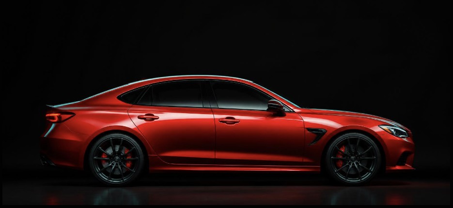Detailed red sedan in a dark studio